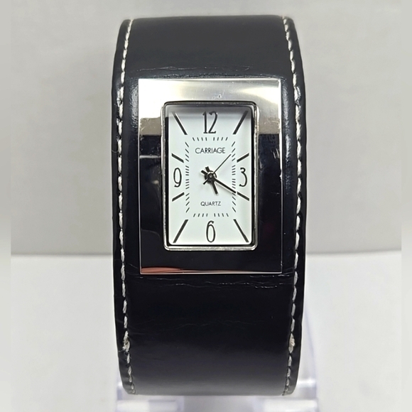 Carriage Accessories - Womens Vintage Carriage Timex Black Leather Cuff Watch New Battery Silver Rare